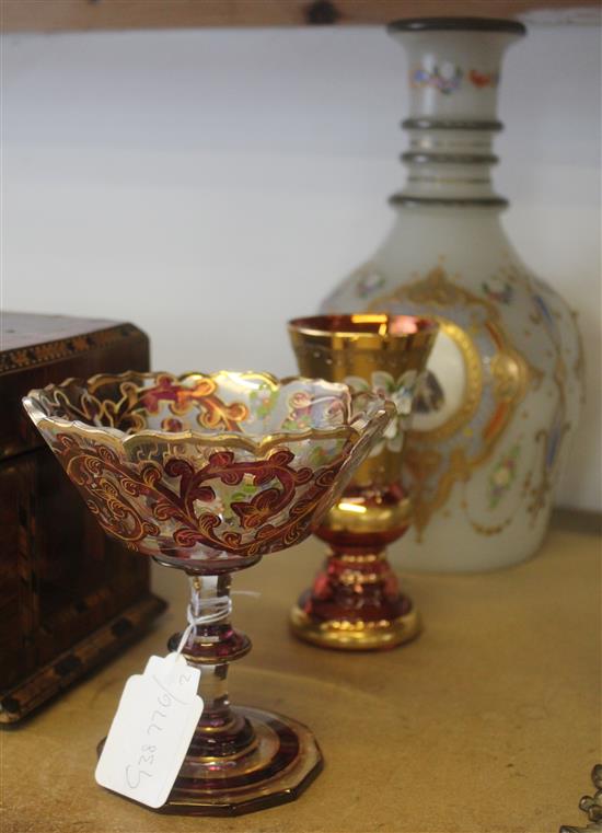 Enamelled bottle vase (possibly Russian), a pedestal v ase & vase